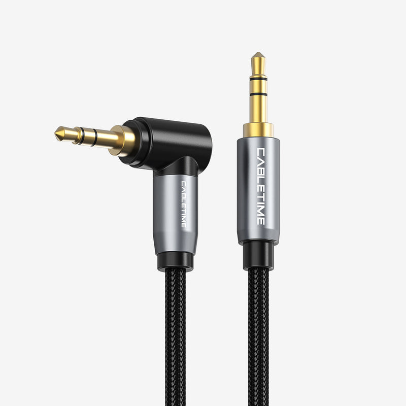 CABLETIME 3.5mm Male-to-Male Stereo AUX Cable with 90° Right-Angle Plug, Gold-Plated Connectors & Nylon Braid – 1m to 5m