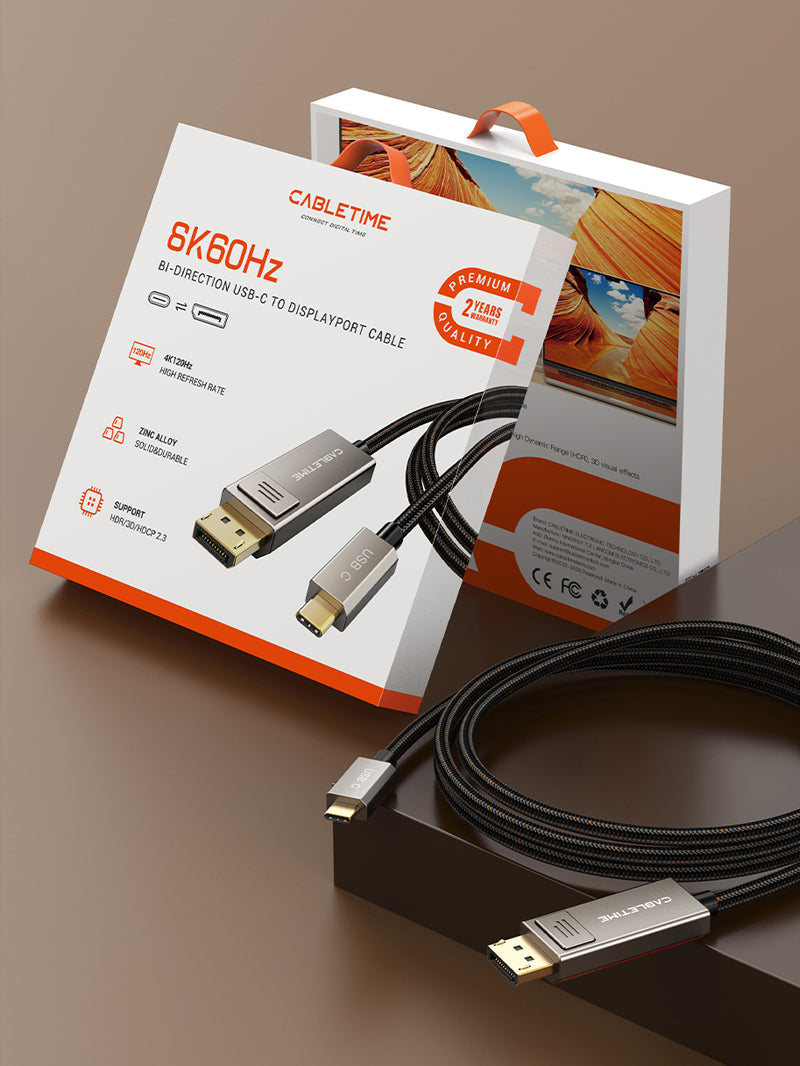 CABLETIME Bidirectional USB-C to DisplayPort 1.4 Cable, 8K@60Hz / 4K@144Hz, 1m–3m