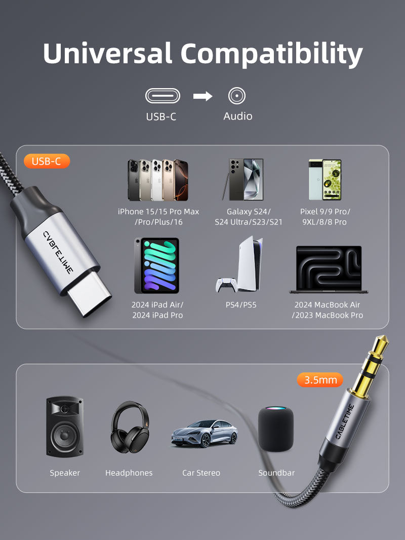 CABLETIME USB-C to 3.5mm Male AUX Audio Cable with Integrated DAC, 1m