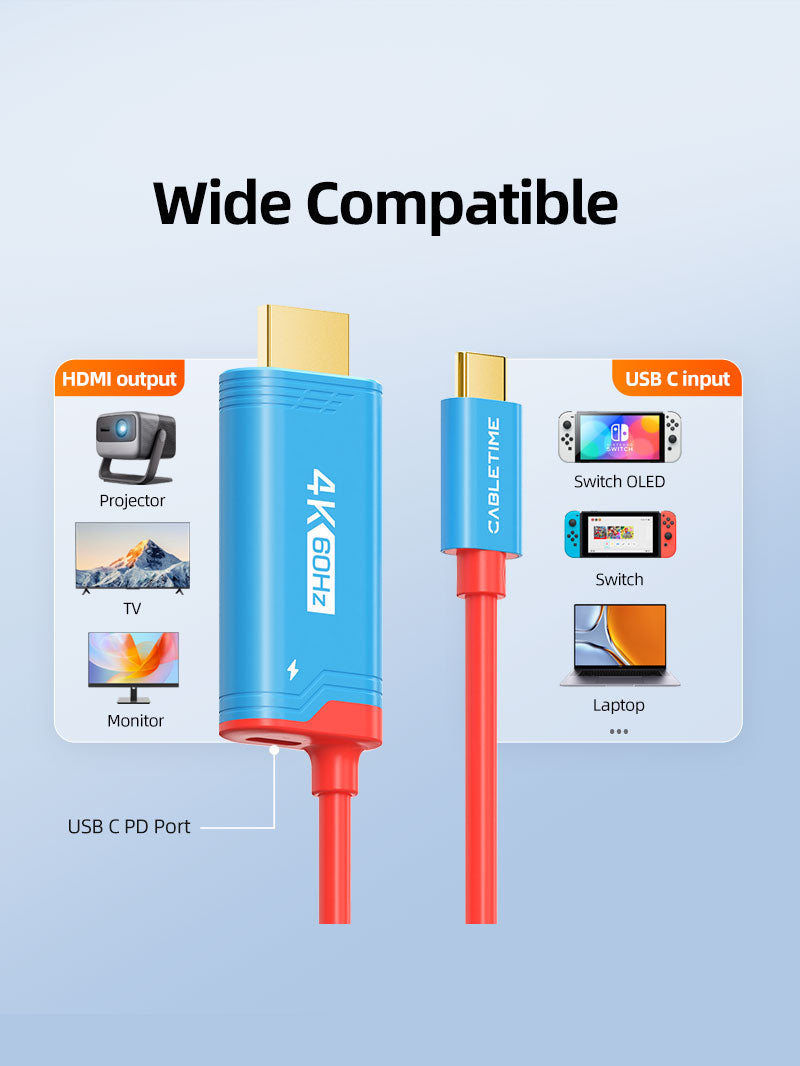 CABLETIME 4K60Hz USB C to HDMI Adapter Cable for Nintendo Switch 2 Mini Dock with PD100W