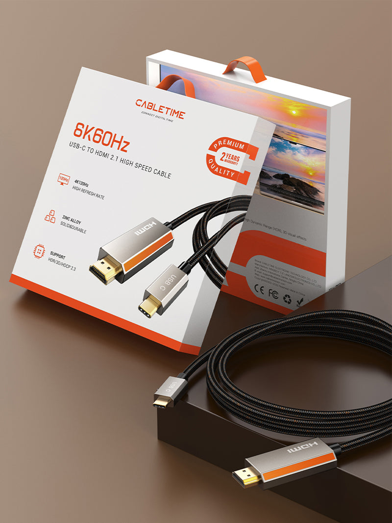 CABLETIME Zinc Alloy USB C Male to HDMI Male 8K Cable Cord 4K 120Hz for MacBook Pro