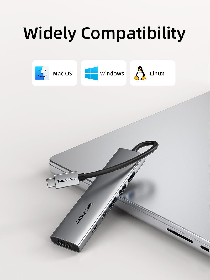 CABLETIME 6 IN 1 USB C Hub with HDMI and 100W Power Delivery for Macbook Pro Air