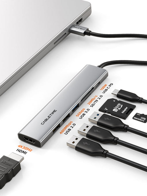 CABLETIME Ultra Slim Aluminum Multiport 7-in-1 USB-C Hub for MacBook Pro