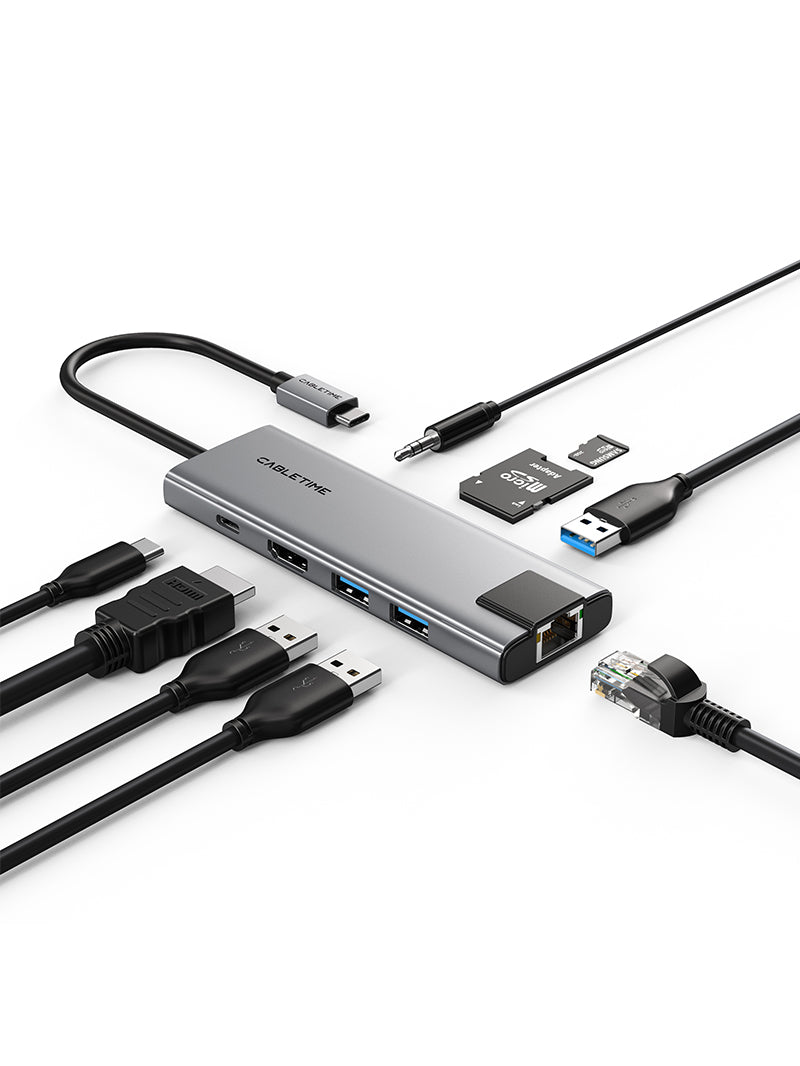 CABLETIME 9-in-1 USB-C Hub with 4K HDMI, Charging, Ethernet & Audio Jack