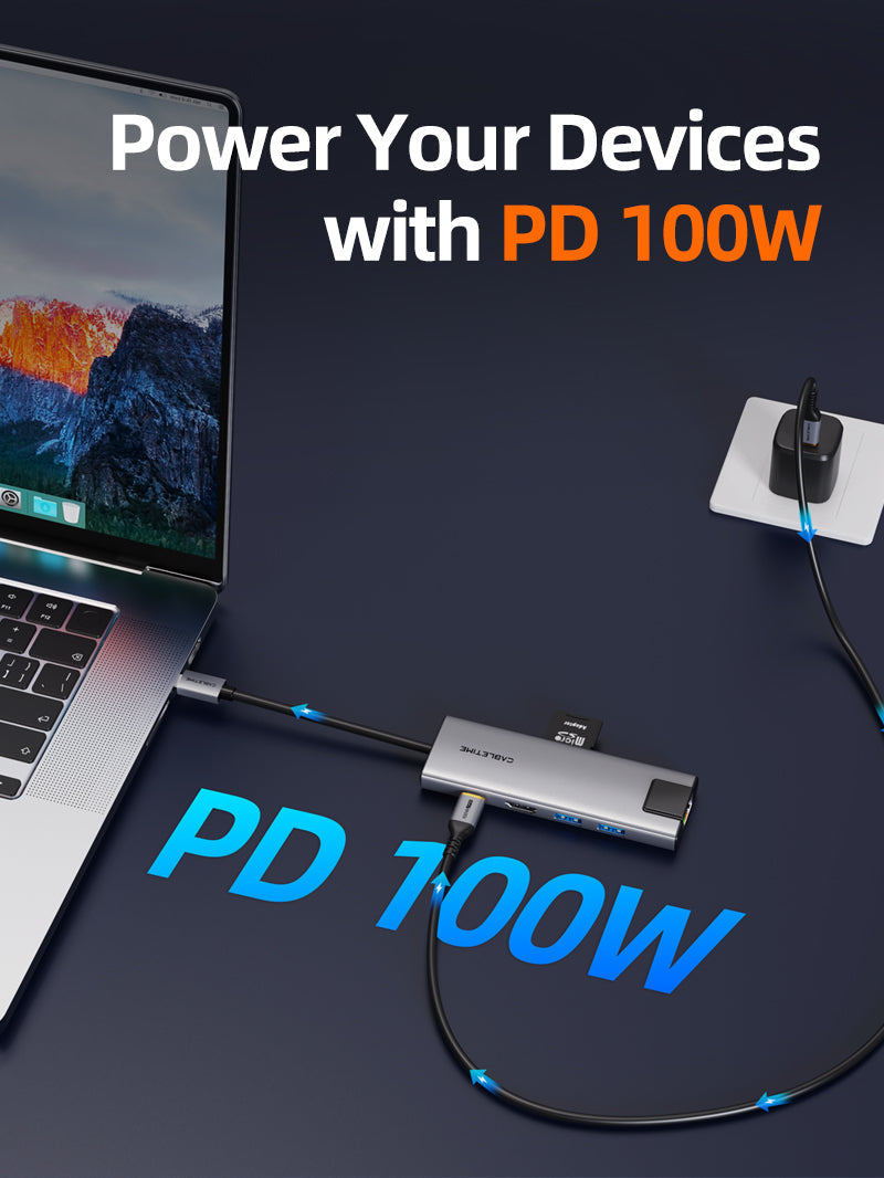 CABLETIME 9-in-1 USB-C Hub with 4K HDMI, Charging, Ethernet & Audio Jack