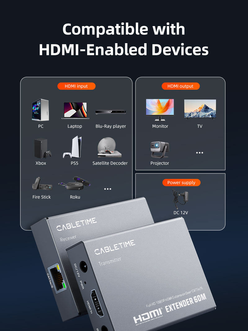 CABLETIME HDMI Extender over Cat5e/Cat6, 1080p@60Hz up to 60m, Loop-Out, IR & EDID