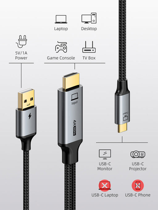 CABLETIME Active HDMI to USB-C Cable with USB Power, 4K 60Hz Unidirectional Adapter