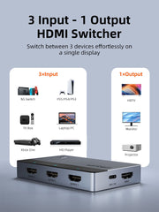 CABLETIME 3-Port HDMI Switch, 4K@60Hz, IR Remote + Manual Control