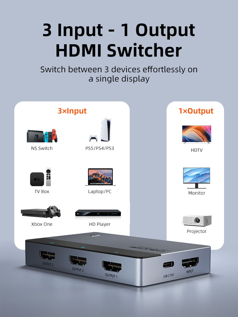 CABLETIME 3-Port HDMI Switch, 4K@60Hz, IR Remote + Manual Control