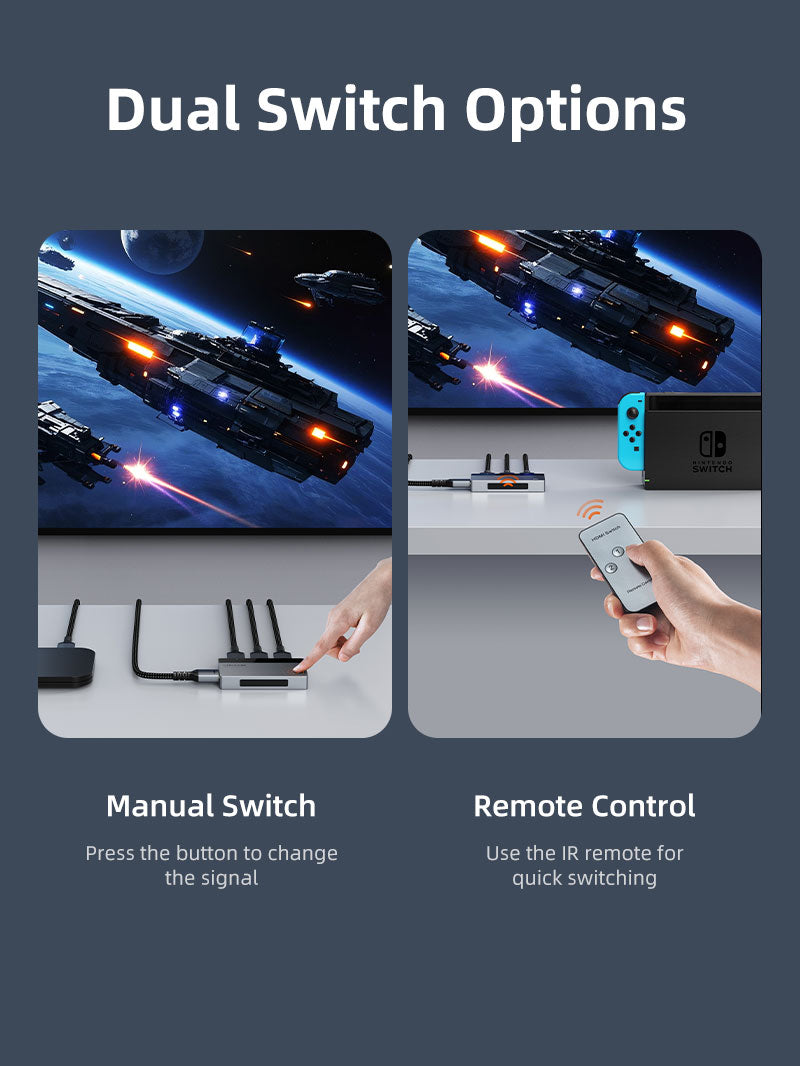 CABLETIME 3-Port HDMI Switch, 4K@60Hz, IR Remote + Manual Control
