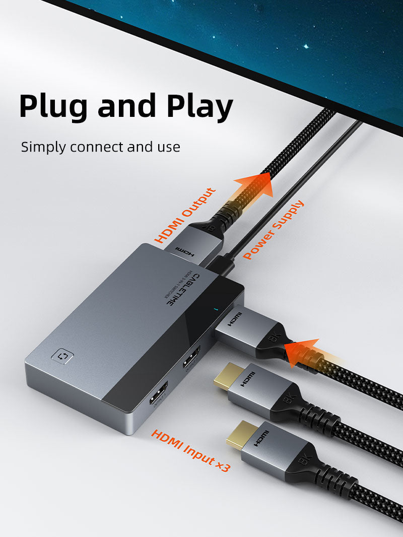 CABLETIME 3-Port HDMI Switch, 4K@60Hz, IR Remote + Manual Control