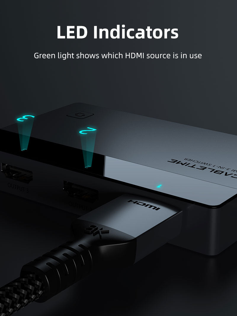 CABLETIME 3-Port HDMI Switch, 4K@60Hz, IR Remote + Manual Control