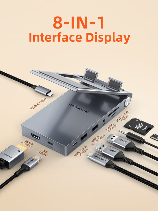 CABLETIME 8-in-1 USB-C Hub with Foldable Stand for iPad Pro / Android Tablet
