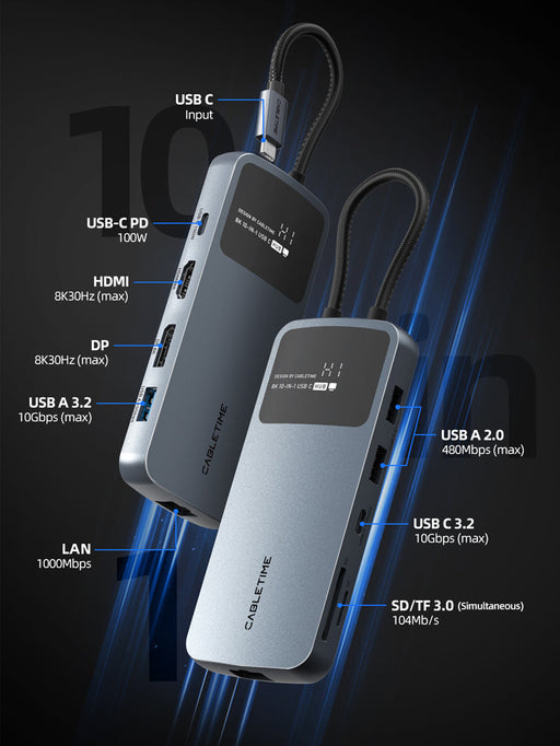 CABLETIME 10-in-1 8K USB-C Hub for Dual 4K 60Hz Monitor