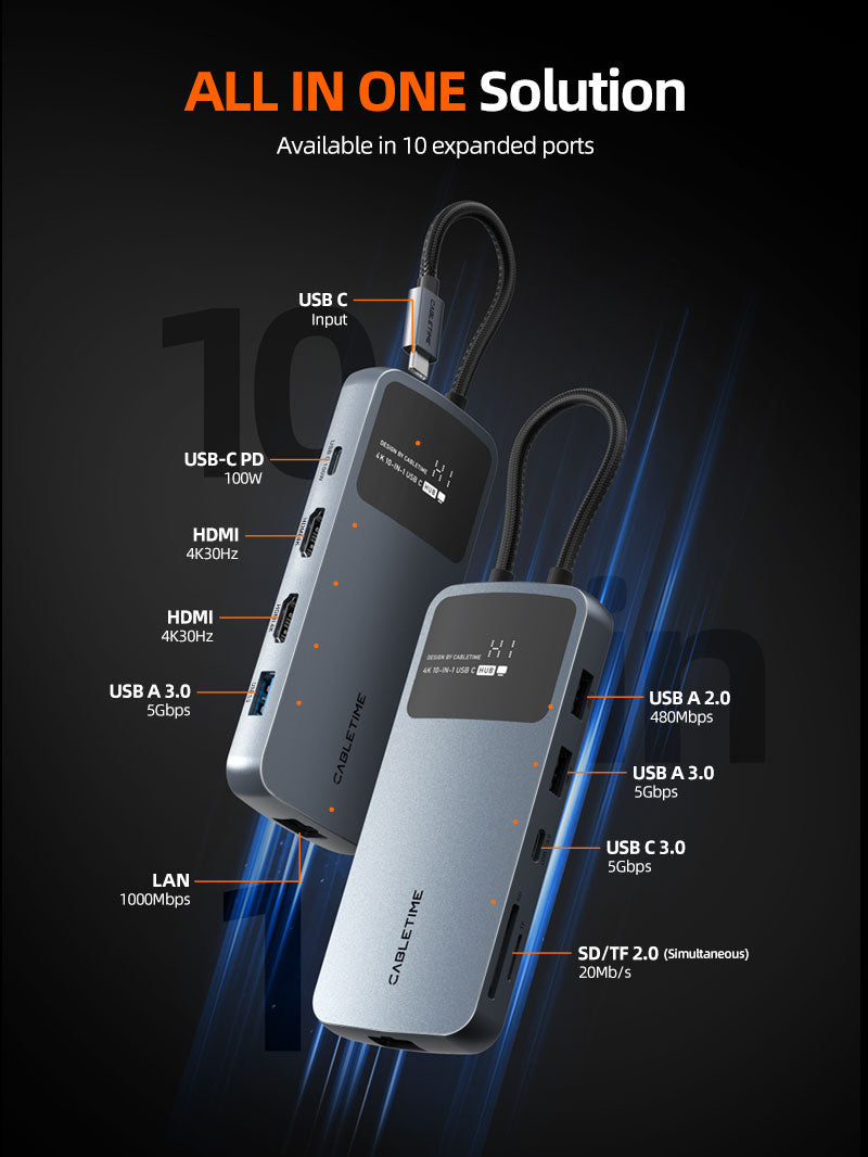 CABLETIME USB-C Dual HDMI 4K Docking Station with Ethernet and 100W PD