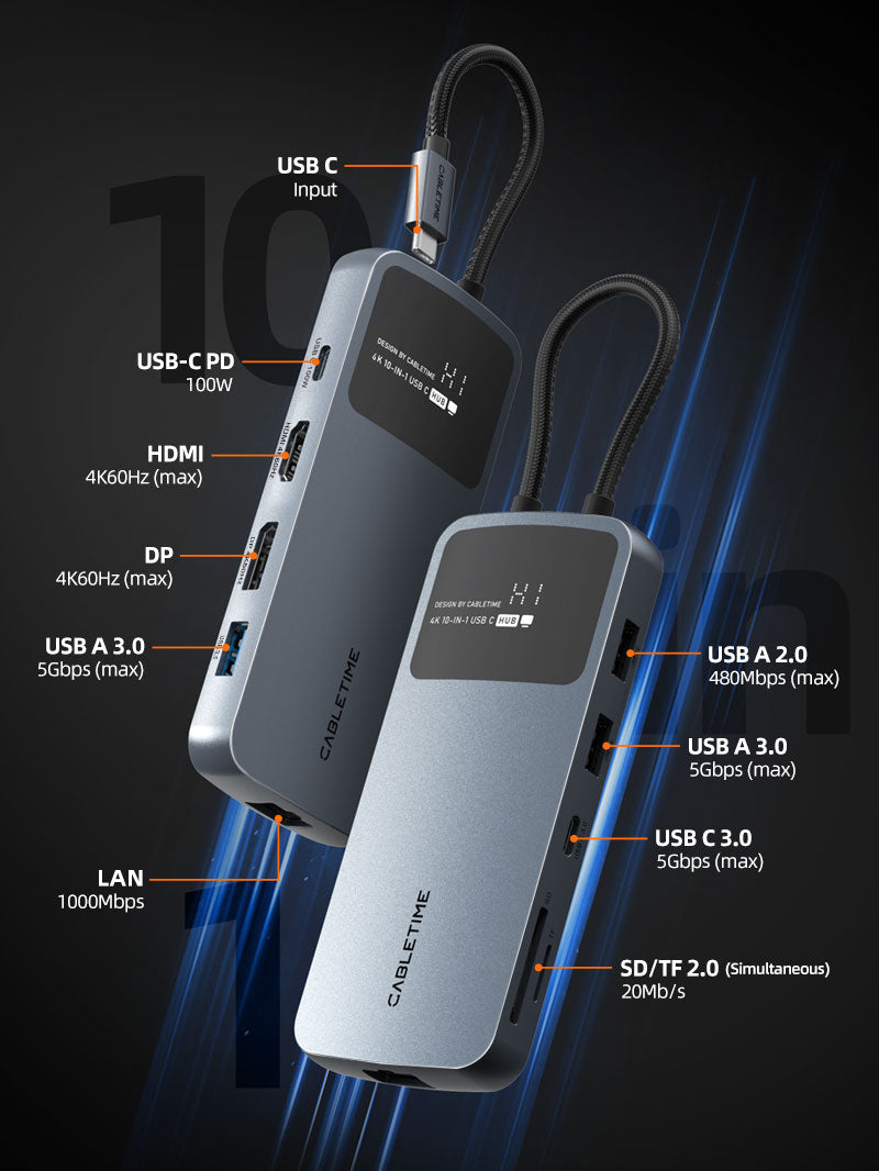 CABLETIME 4K 60Hz USB-C Multiport Hub with HDMI, DisplayPort, LAN & 100W PD