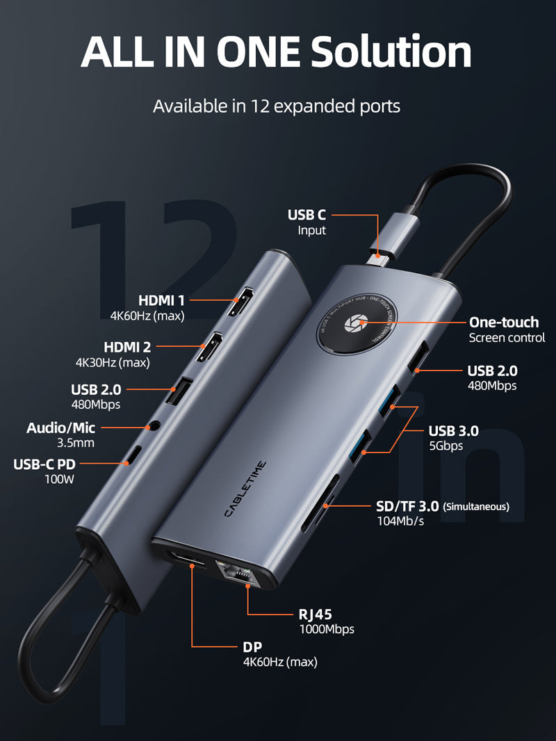 CABLETIME 12-in-1 USB-C Hub with 2 HDMI + 1 DisplayPort for Laptop