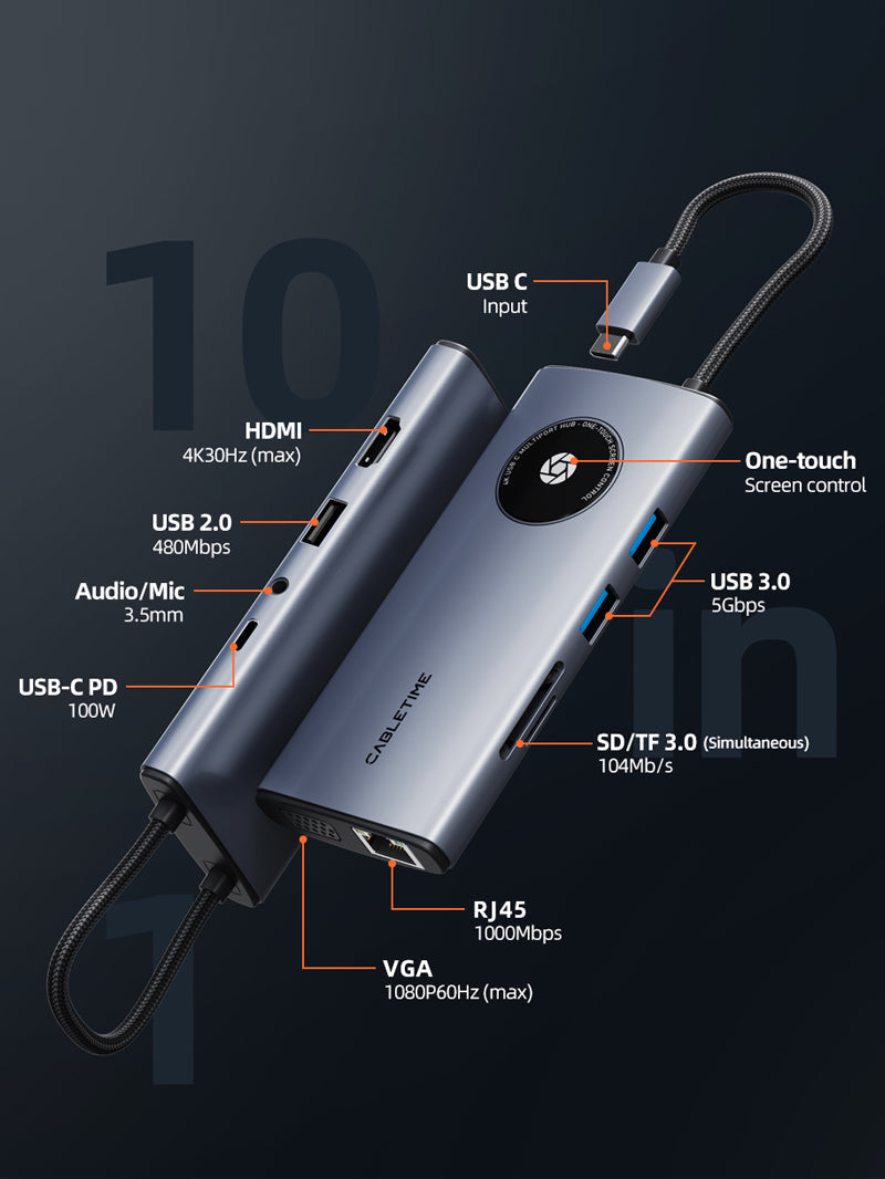 CABLETIME 10-in-1 Multi USB-C Hub Adapter 4K with VGA, HDMI & Ethernet