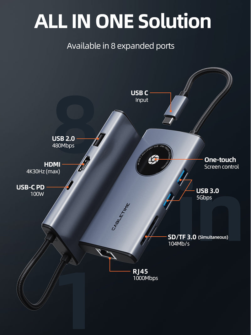 CABLETIME 8-in-1 USB-C Adapter Hub with HDMI Ethernet Port for MacBook Pro