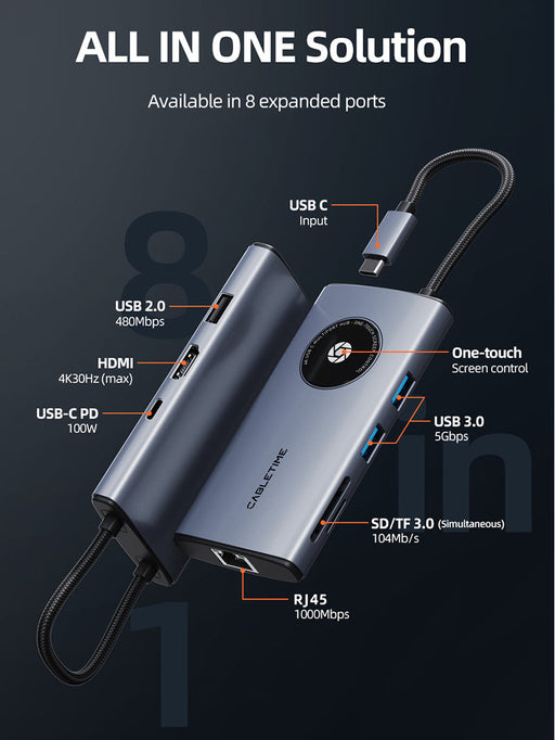 CABLETIME 8-in-1 USB-C Adapter Hub with HDMI Ethernet Port for MacBook Pro