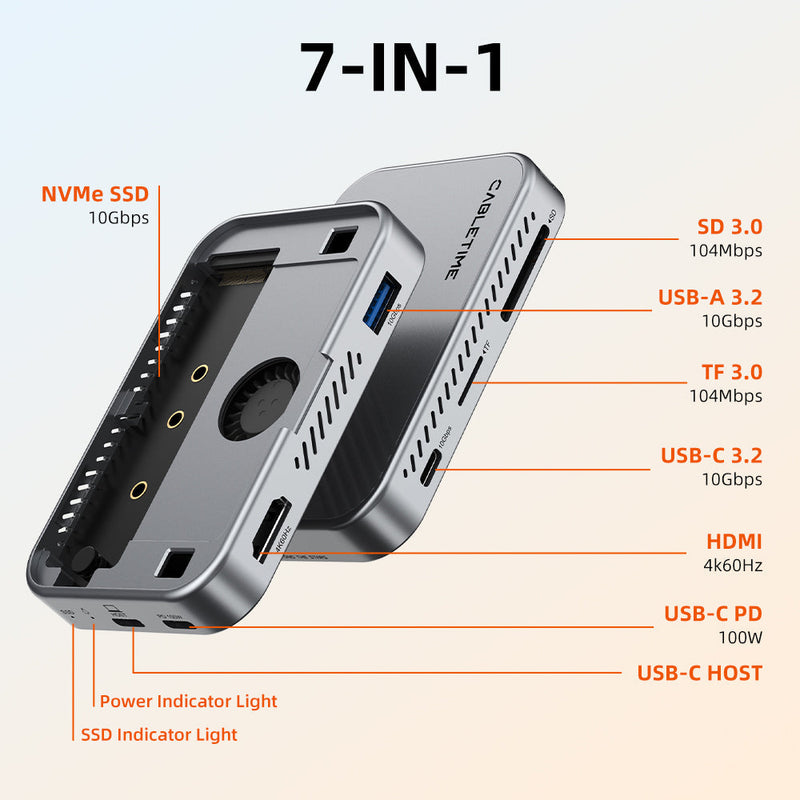 CABLETIME 7-in-1 Magnetic USB-C Hub with NVMe SSD Enclosure