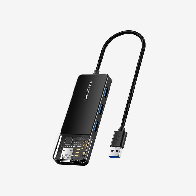 CABLETIME 4-Port USB-A 3.0 Hub SuperSpeed 5Gbps with USB-C Power Supply | CT-HUBT1-PB / CT-HUBT2-PB