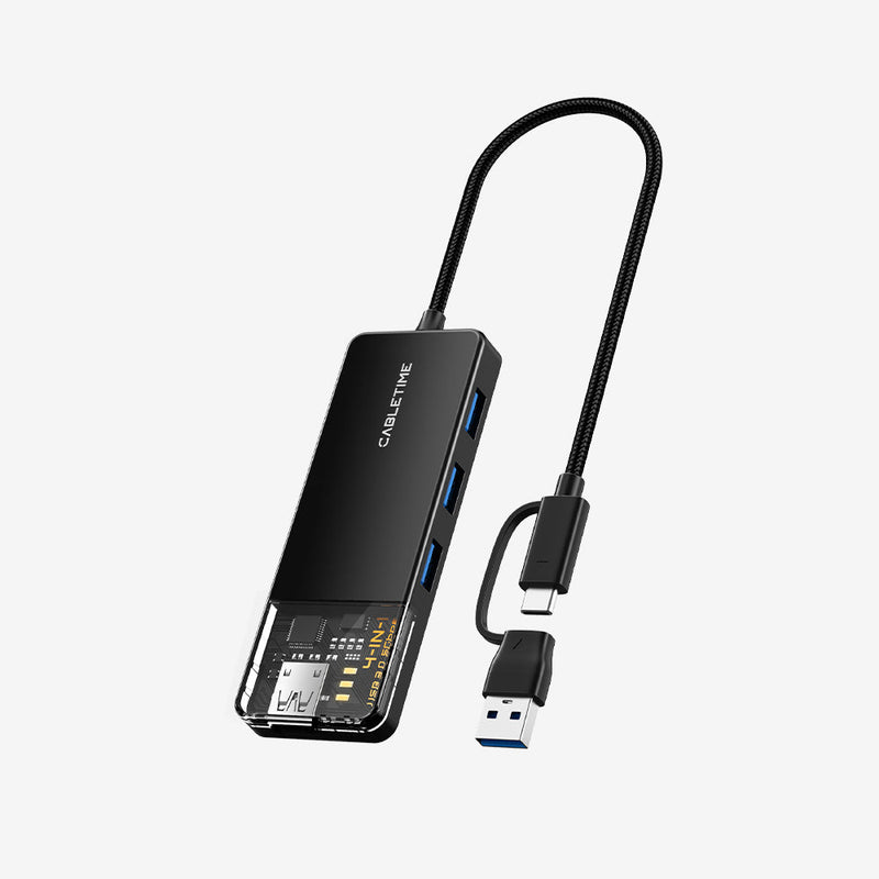 CABLETIME USB-C to 4-Port USB-A 3.0 Hub 5Gbps with USB-A Adapter