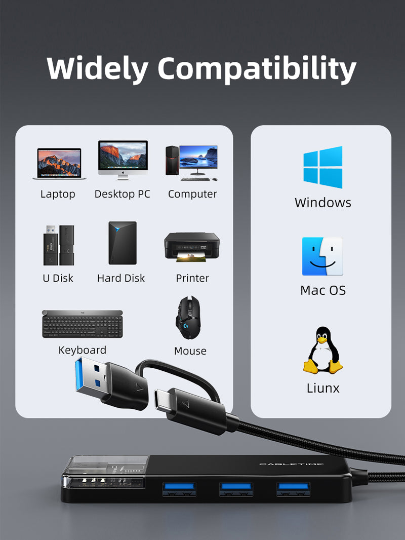 CABLETIME USB-C to 4-Port USB-A 3.0 Hub 5Gbps with USB-A Adapter