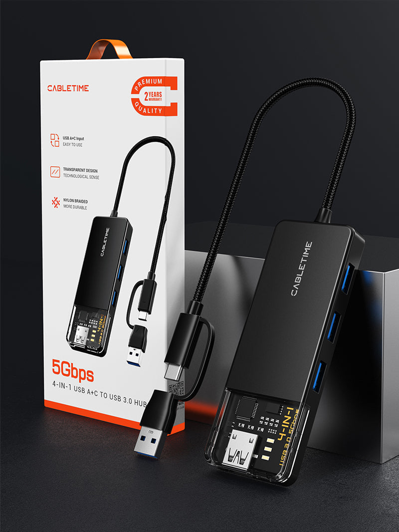 CABLETIME USB-C to 4-Port USB-A 3.0 Hub 5Gbps with USB-A Adapter