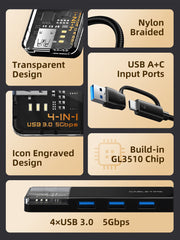 CABLETIME USB-C to 4-Port USB-A 3.0 Hub 5Gbps with USB-A Adapter