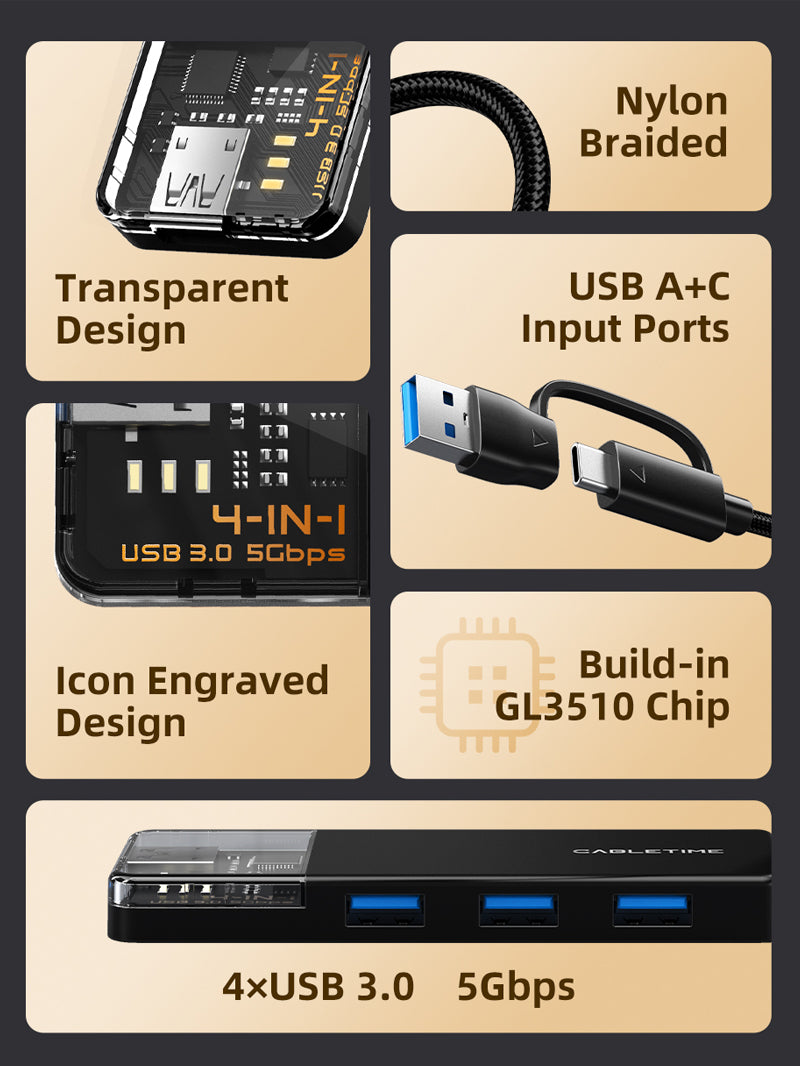 CABLETIME USB-C to 4-Port USB-A 3.0 Hub 5Gbps with USB-A Adapter