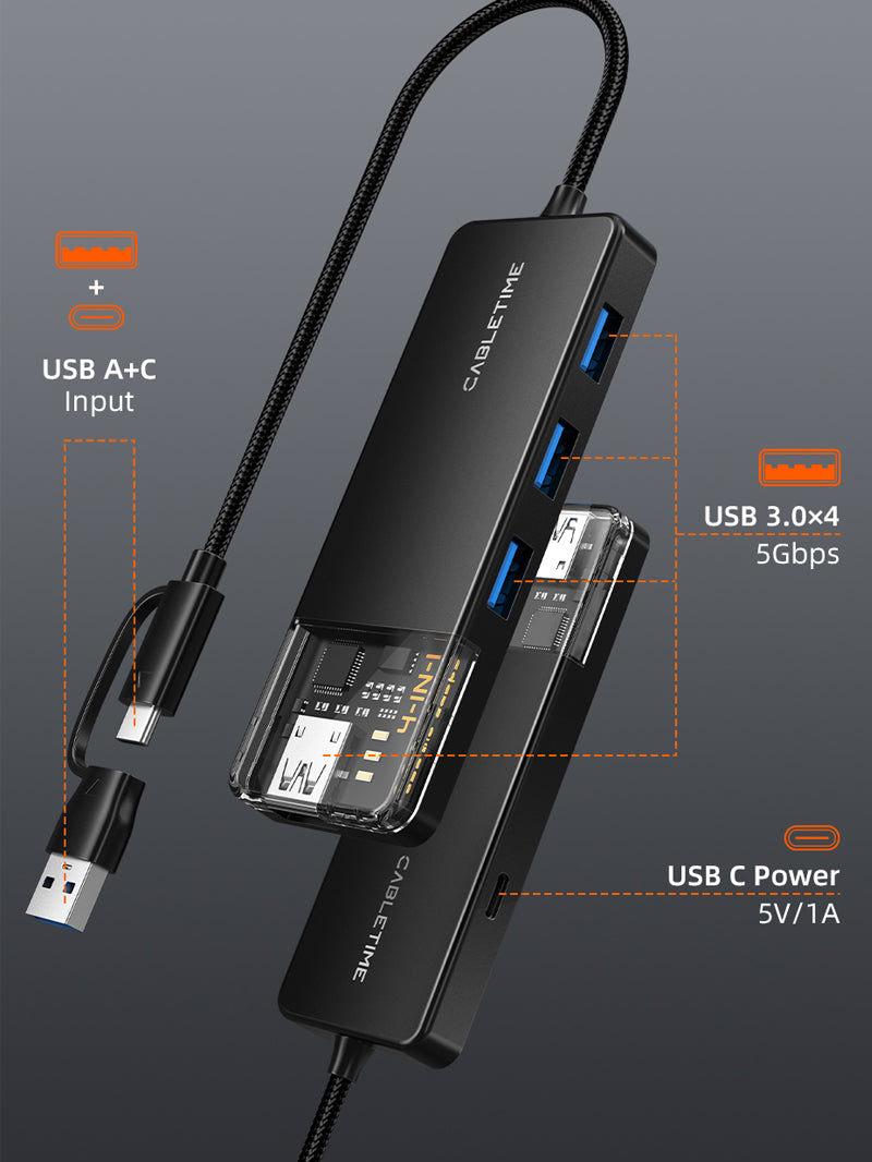 CABLETIME USB-C to 4-Port USB-A 3.0 Hub 5Gbps with USB-A Adapter