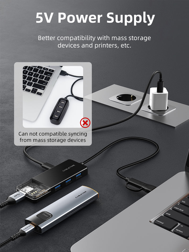 CABLETIME USB-C to 4-Port USB-A 3.0 Hub 5Gbps with USB-A Adapter
