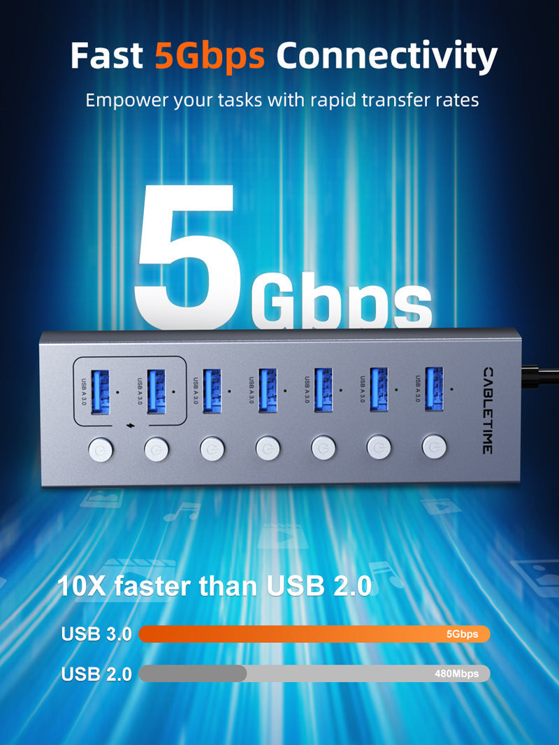 CABLETIME 7 Port Powered USB 3.0 Hub Splitter with Long Cable for Laptop PC