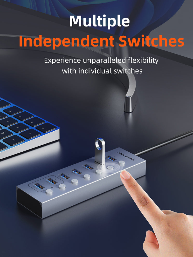 CABLETIME 7 Port Powered USB 3.0 Hub Splitter with Long Cable for Laptop PC