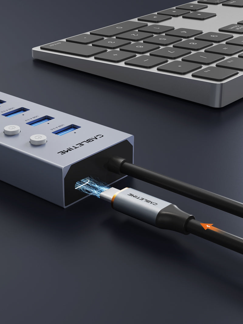 CABLETIME 7 Port Powered USB 3.0 Hub Splitter with Long Cable for Laptop PC
