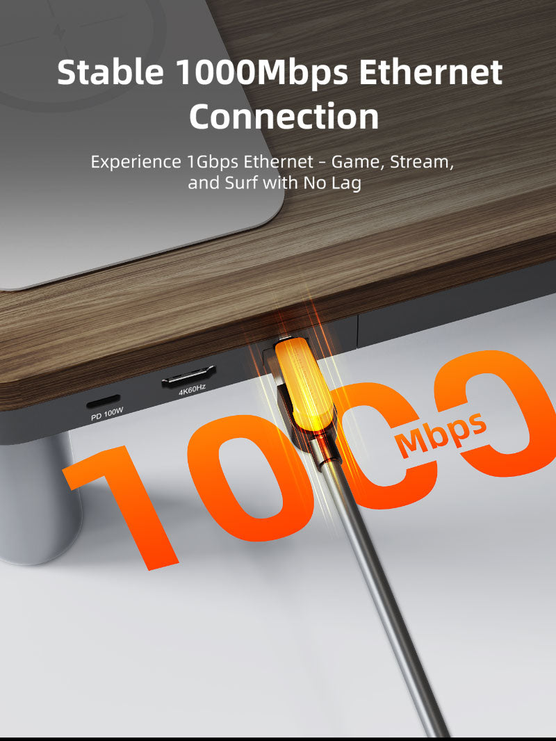 CABLETIME Wood Grain Monitor Stand with 9-in-1 Docking Station and Wireless Charging Pad