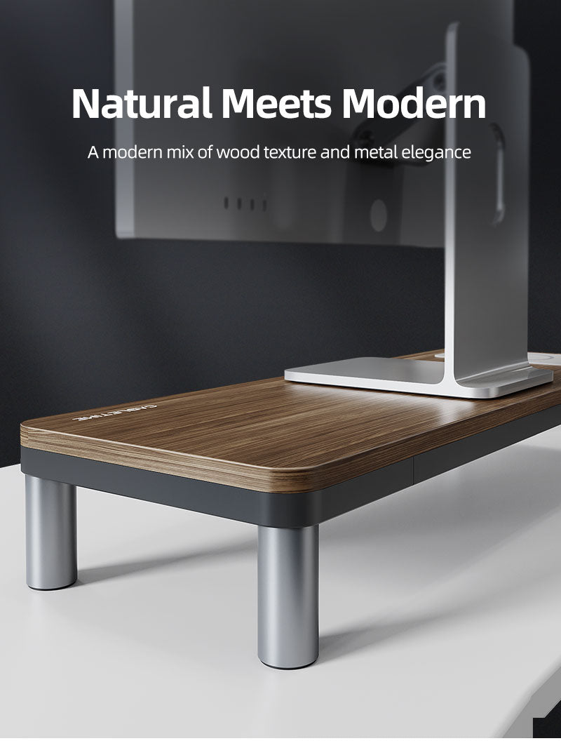 CABLETIME Wood Grain Monitor Stand with 9-in-1 Docking Station and Wireless Charging Pad