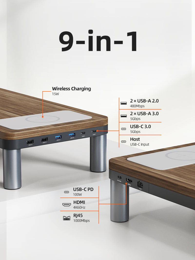 CABLETIME Wood Grain Monitor Stand with 9-in-1 Docking Station and Wireless Charging Pad