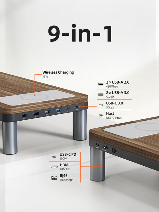 CABLETIME Wood Grain Monitor Stand with 9-in-1 Docking Station and Wireless Charging Pad