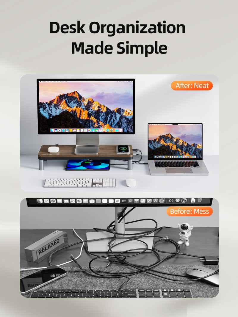 CABLETIME Wood Grain Monitor Stand with 9-in-1 Docking Station and Wireless Charging Pad