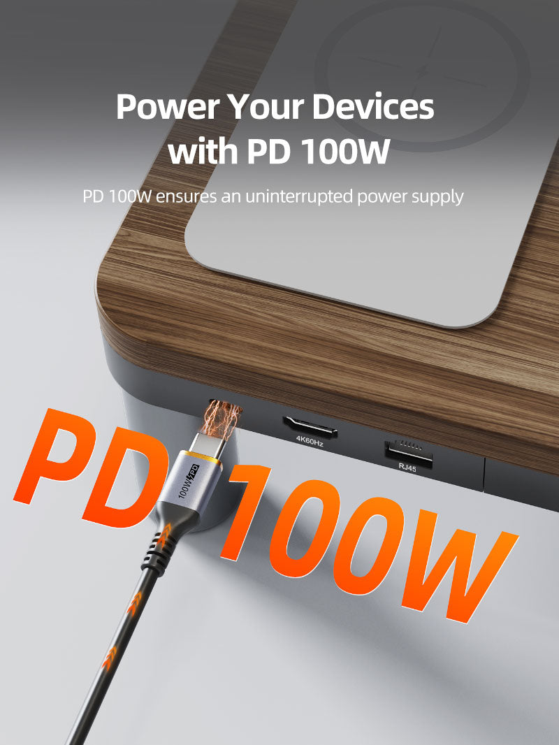 CABLETIME Wood Grain Monitor Stand with 9-in-1 Docking Station and Wireless Charging Pad