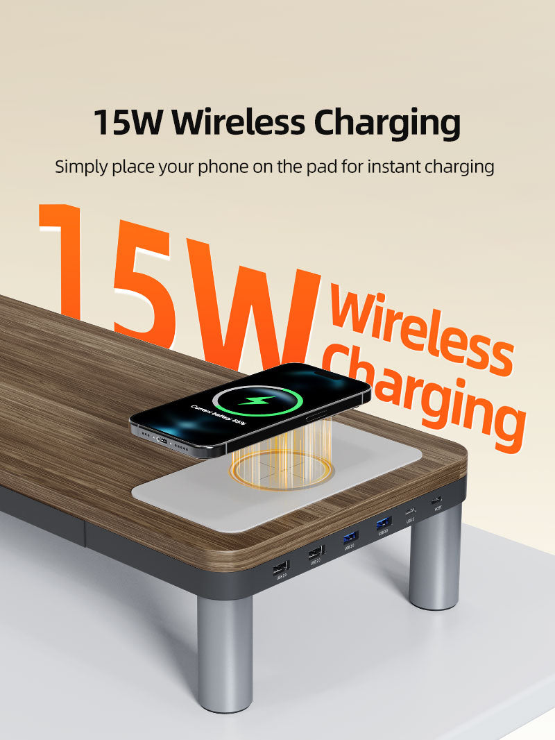 CABLETIME Wood Grain Monitor Stand with 9-in-1 Docking Station and Wireless Charging Pad