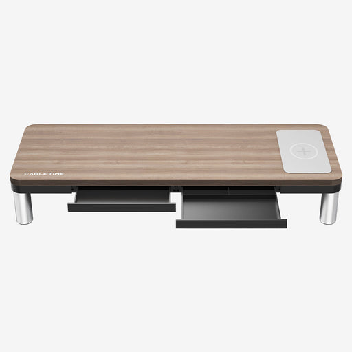 CABLETIME Wood Grain Monitor Stand with 9-in-1 Docking Station and Wireless Charging Pad