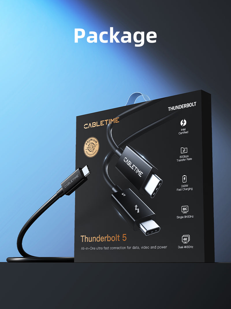 CABLETIME Intel Certified Thunderbolt 5 Cable 0.8m, 240W, 120Gbps, 8K
