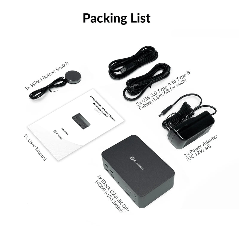 AV Access iDock D23i 8K Triple Monitor KVM Switch Docking Station for 2 Desktop PCs – 2x DP + 1x HDMI Output, USB 3.0, 1G Ethernet