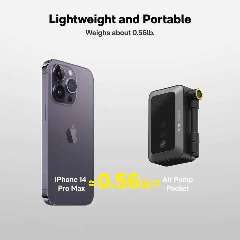 HOTO Air Pump Pocket – Compact Cordless Tire Inflator for Bikes & Motorcycles, Up to 150 PSI, 2,000 mAh Battery, Digital Display & Flick-Start Operation