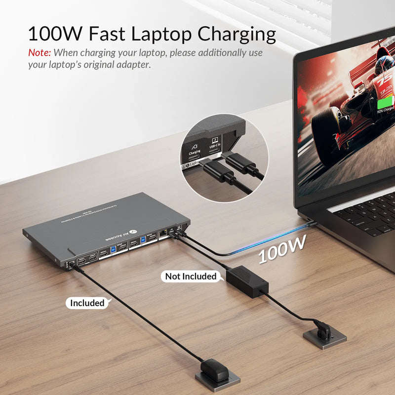 AV Access KD-E30 KVM Switch Docking Station for 2 Desktops & 1 Laptop – Dual 4K HDMI, 100W USB-C Charging, 10-in-1 Dock, 1GbE