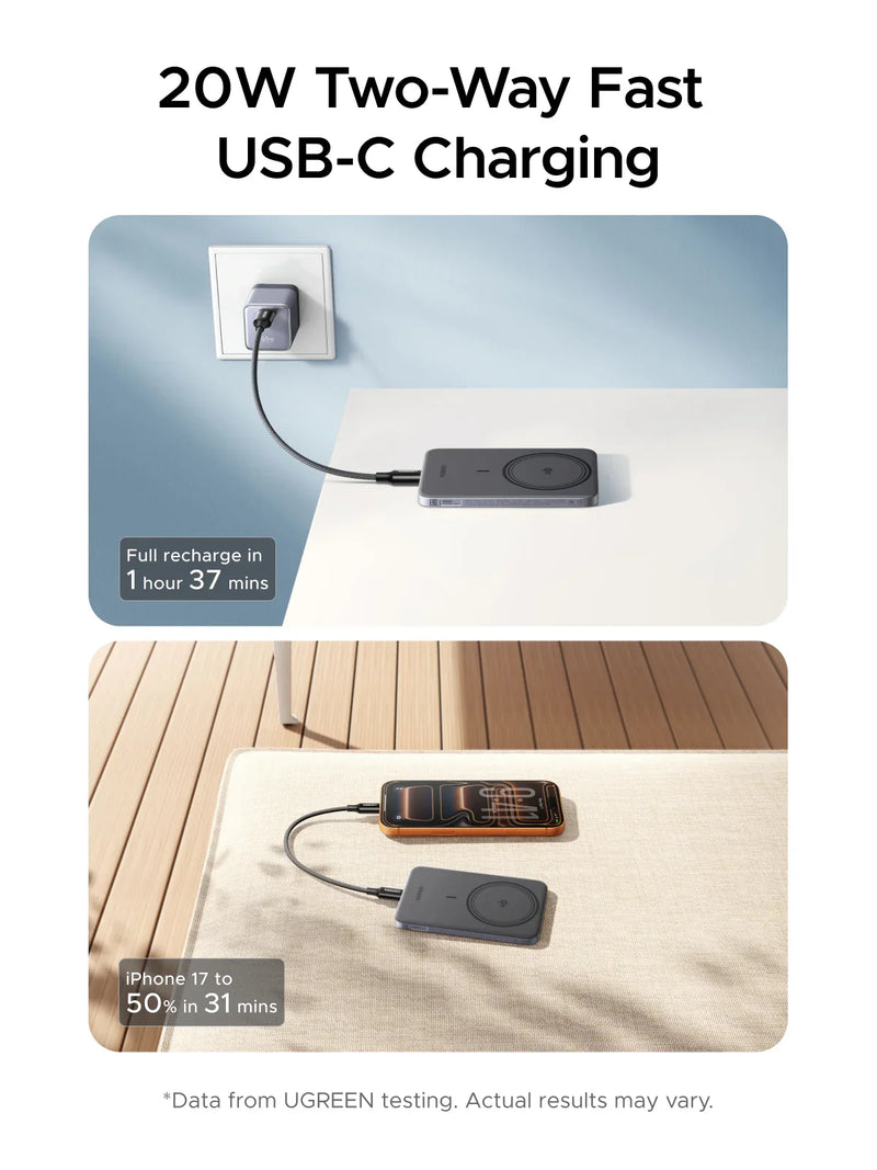 UGREEN MagFlow Air 75984B 5000mAh magnetic power bank, space grey, 20W two-way fast USB-C charging