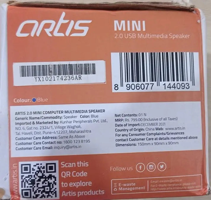 Artis Mini 2.0 USB Multimedia Speakers-Blue(Open Box/Renewed) Artis